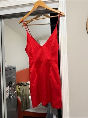 Red Satin Slip Dress - V-Neck Spaghetti Strap